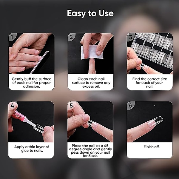 Falska naglar transparenta set (långa spetsiga) - Ett set med 120 full set transparenta nagelspetsar - Transparent spårlös skrubb