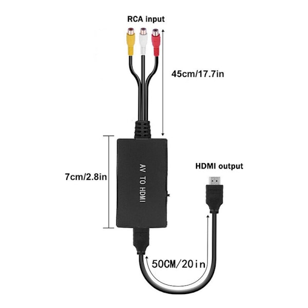 1 Musta RCA-HDMI-sovitin, AV-HDMI-muunnin, RCA-sisääntulo, videolähtö, audiosovitin Sky/DVD/STB:lle HDTV:ssä näyttämistä varten ZHQRCA03