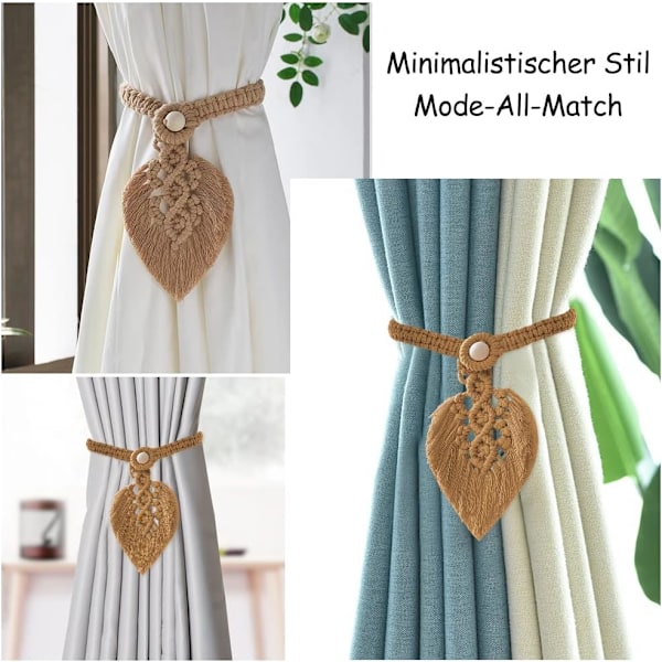 Set med 2 Boho Gardinband, Bomullsblads Gardinklämmor, Fjäder Gardinklämmor Gardinklämmor för Gardiner Draperier Dekoration