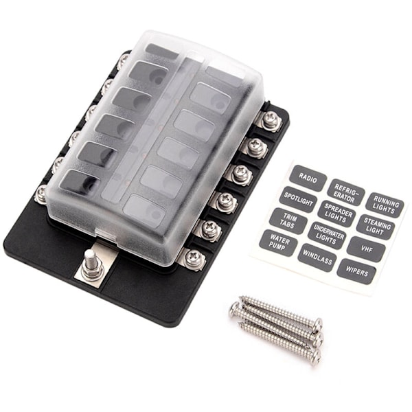 12-vägs bladsäkringsbox, säkringsblock med röd LED-indikator, 10 säkringar, 10 bilterminaler, båt, husvagn, 12 V 24 V lastbil