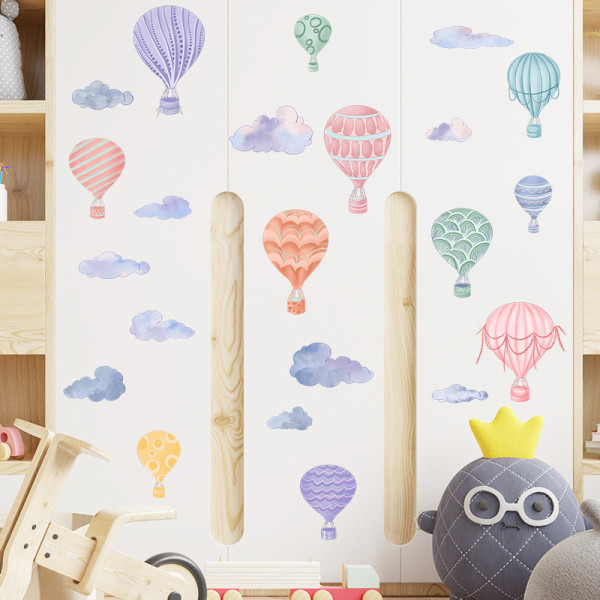 Väggklistermärken för barnrum - Luftballonger och moln, tecknade väggklistermärken, väggkonstposter, självhäftande konstdekaler för barn och förskola