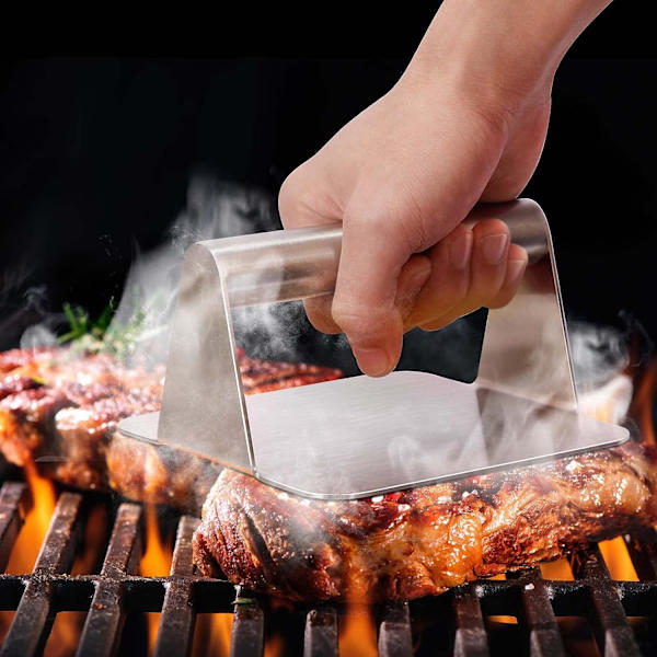 Hamburgarepress i rostfritt stål 304, Hamburgarepress, 5,5 tum kvadratisk köttpress, Hamburgarepress, Grillpress, för platta, feta BBQ, lätt att rengöra