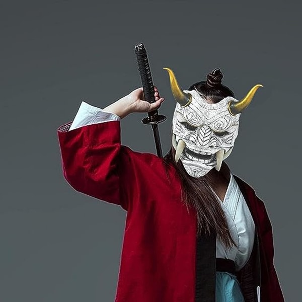 Harmaa japanilainen samurai-naamio Hannya Oni Samurai lateksinaamio, Halloween-demonikostyymimaski, japanilainen samurai-cosplay-naamio