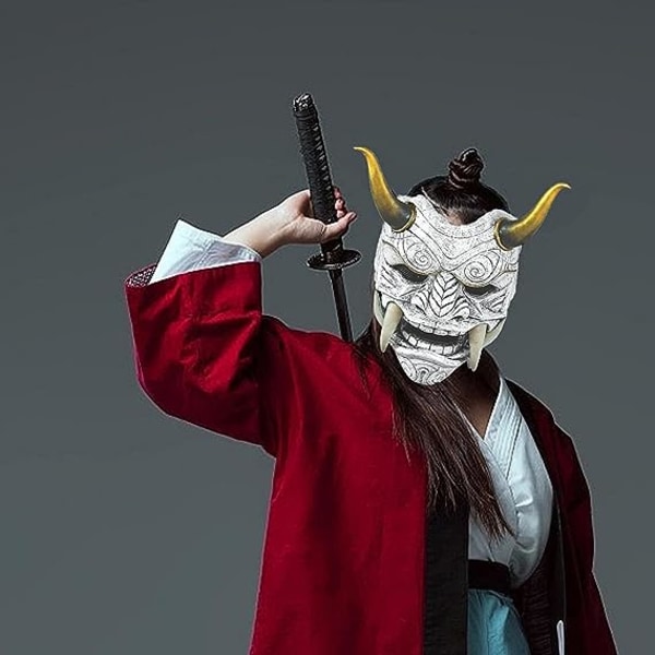 Rødgrå japansk samurai maske Hannya Oni Samurai Latex maske, Halloween Demon kostume maske, japansk samurai cosplay maske