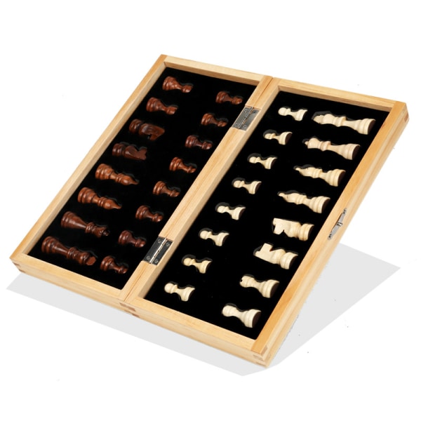 Trestykke sjakksett i tre - Stort sjakkbrettsett for voksne og barn, kommer med sjakkbrikker og oppbevaringsboks (29*29cm)