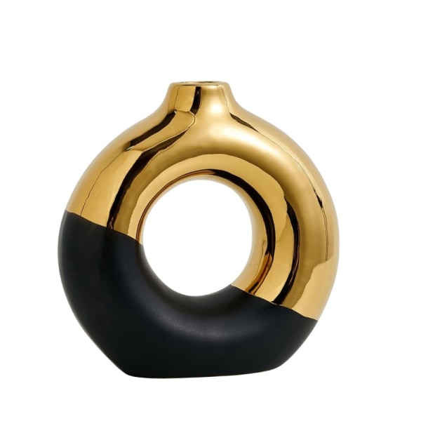 Keramisk donut vase8 L x 8" H, sort og guld rund vase til pampas græs, nordiske moderne vaser til indretning, Keramiske vase centerpieces til bryllup, Bedr