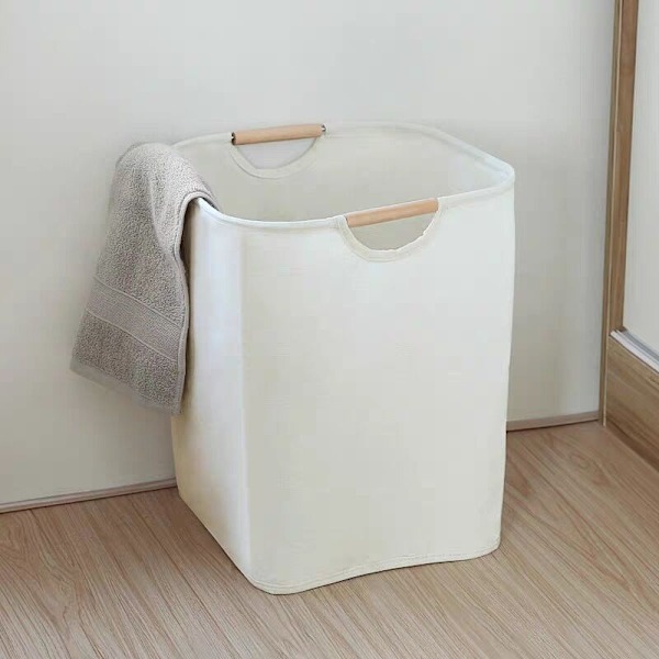 Beige linnedkurv 39 × 53 × 27 cm, Stor kurv Stor sammenklappelig Oxford stofkapacitet med træhåndtag, Linnedkurv til soveværelse børneværelse