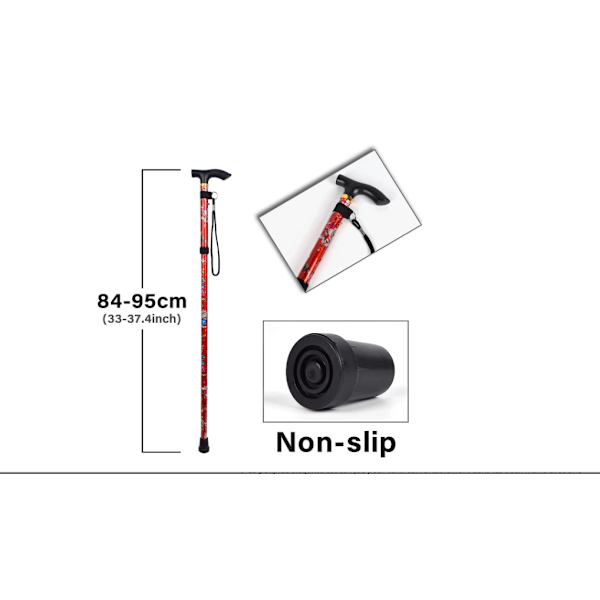 Punainen - 1-osainen taittuva kävelykeppi, kukkakuvioinen alumiininen kävelykeppi, säädettävä kevyt ja kannettava vaellussauva, jossa ergonominen liukumaton kahva, S