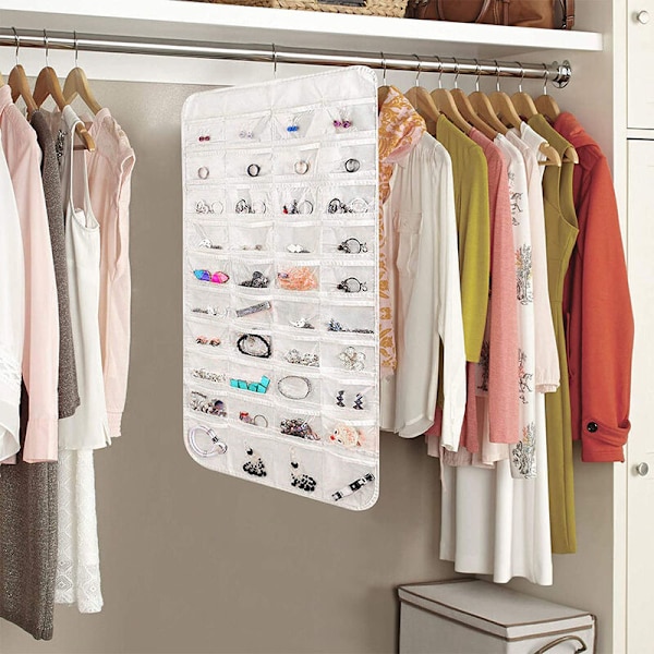 Hængende smykkearrangør, dobbeltsidet non-woven 80 klare lommer smykkevægarrangør til opbevaring af smykker, øreringe, halskæder, makeup, hår