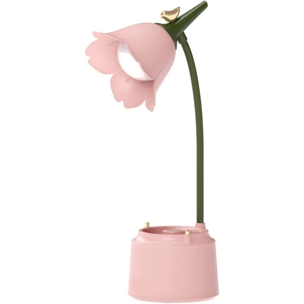 Barne-LED-skrivebordslampe (rosa), USB-oppladbar blomsterfugl-bordlampe, leselampe med justerbart lys og berøringssensor, soveromsdekorasjonslampe