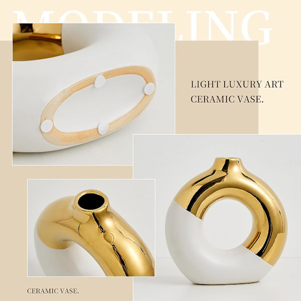 Keramisk Donut Vas 8 L x 8\" H, Vit och Guld Rund Vas för Pampasgräs, Nordisk Modern Vas för Dekor, Keramisk Vas Centerpieces för Bröllop, Bedr