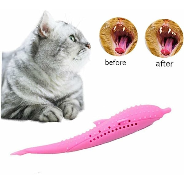 1 st kattmynta leksaker simulering fisk form katt interaktiv djur tandborste tugga leksak miljövänlig silikon tänder molar stick rengöring leksak (rosa)
