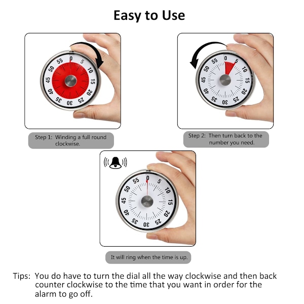 Magnetisk visuel køkkentimer - 60 minutters mekanisk nedtællingstimer med høj alarm til børn og voksne bagning madlavning grill klasseværelse (sort)