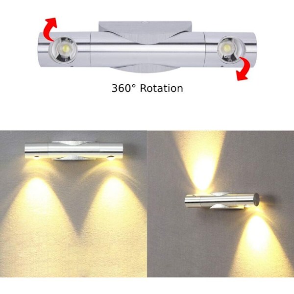 6W 2 LED INTERVENTION VÄGGLAMPA ALUMINIUM VÄGGLAMPA Belysning Upp Ner Justerbar 360° Rotation För Kammare Korridor Varmt Ljus