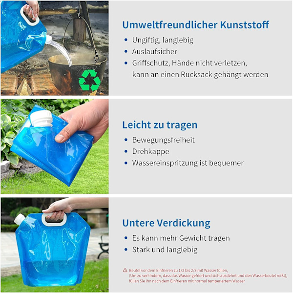 3-pack hopfällbara vattenbehållare, 5L hopfällbar vattenpåse, vattenbehållare bärbar vattenblåsa, hopfällbar vattentank för camping vandring picknick,