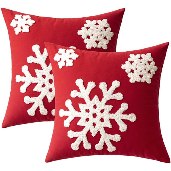 Julröd örngott dekorerad med snöflingbroderi soffkudde canvas kuddfodral 45*45cm