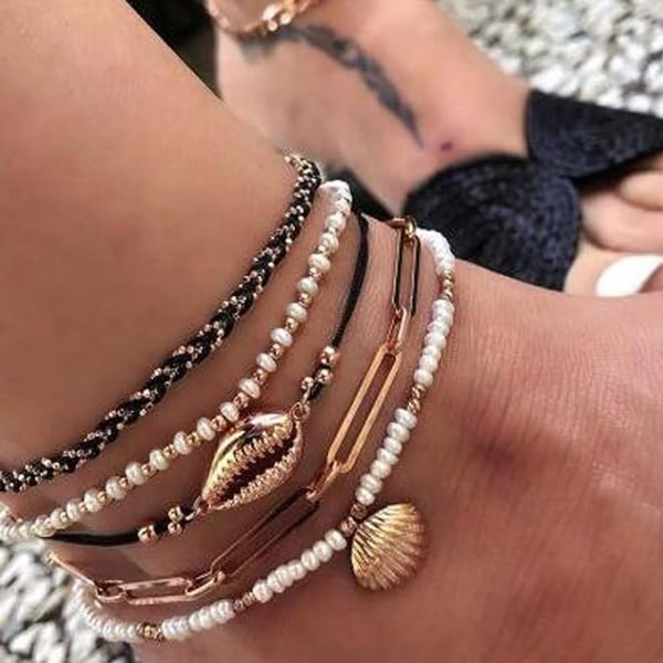 5-delt Bohemian Shell Charm Charm Vedhæng Ankel Sæt Sort Læder Kæde Vævet Reb Perle Perle Ankel Kæde Bohemian Strand Kvinder og Piger Smykke