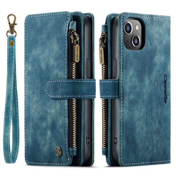 Blått fodral till iPhone 13 [6,1 tum], Fashion Hållbart PU Läder Magnetiskt Flip Lanyard Hand Strap Dragkedja Kortfodral Plånboksfodral