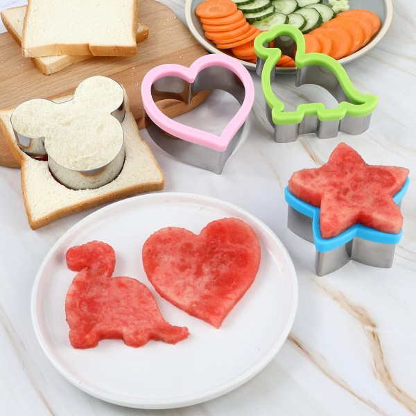 Sandwich-kuttersett, dinosaur, hjerte, stjerne, mus, sandwich-kutter, kjeks-kutter, grønnsakskutter, matvare-kutter i rustfritt stål. (12 deler)