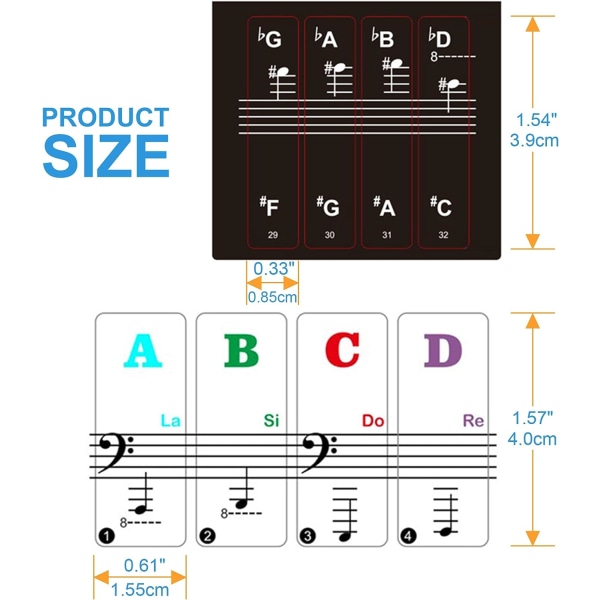Pianonäppäintarra 88 61 näppäimelle, aakkoset pianotarra oppimiseen, irrotettavat pianonäppäinten kirjaimet, nuottilaput aloittelijoille ja lapsille(S
