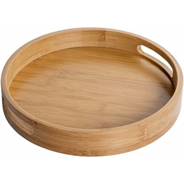 Rund træbakke med håndtag (brun), 25x25x4cm, rund dekorativ bakke, naturlig bambus, dekorativ bakke til kaffe, bar, restaurant
