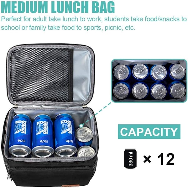 Isolerad lunchväska för kvinnor/män - Återanvändbar lunchlåda för kontor, skola, picknick, strand - Läckagesäker frysväska, justerbara remmar (Medium)