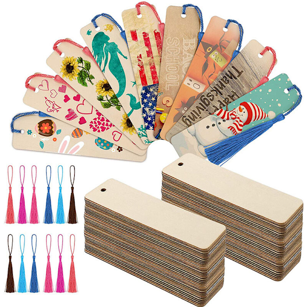 Set med 36 tomma trämärken, 36 flerfärgade pompoms, 12 x 3,2 cm, rektangulära jungfruliga träetiketter med hål och pompoms
