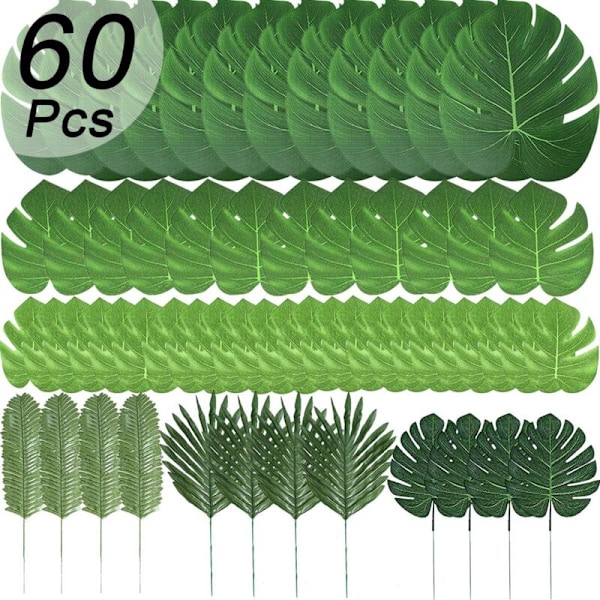 Set med 60 konstgjorda blad av 6 olika typer, imitation av tropiska växter för bordsdekoration, hawaiianska festivaler eller med strandtema.