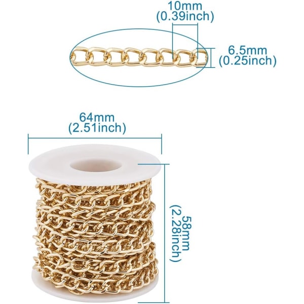 Hopea-Rulla Kulta Alumiini Hitsaamattomat Vääntyneet Ketjut - 5m - 10 x 6,5mm - Kaulakoruihin, Koruihin, Asusteisiin, Käsitöihin