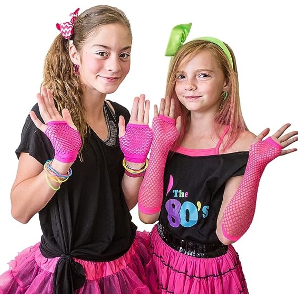 2 par lange og korte fiskenet handsker (pink) Fingerless fiskenet handsker Mesh handsker 80'er fiskenet handsker Handsker til 80'er fancy dress acce