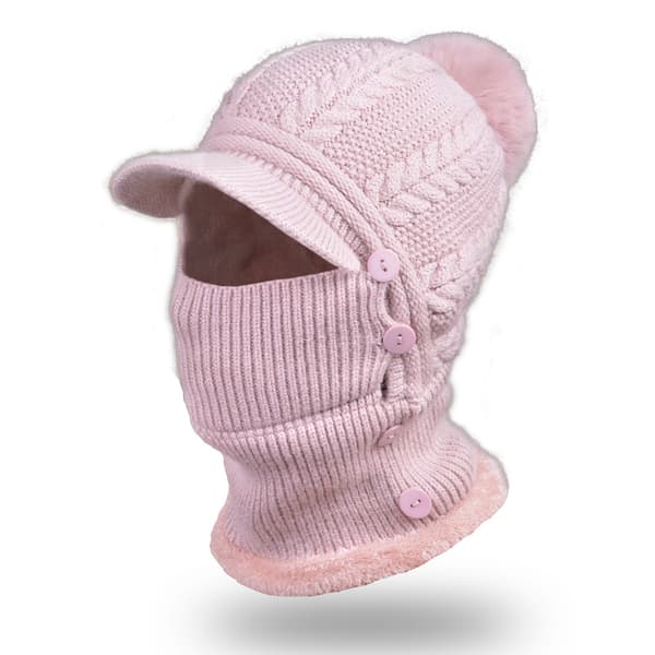 Stickad pullover för kvinnor med öronlappar i ull, halsduk integrerad varm mössa (rosa)