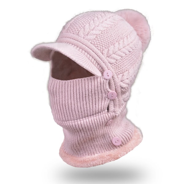 Strikket genser for kvinner hørselsvern ulllue halsskjerf for kvinner integrert varm lue (rosa)