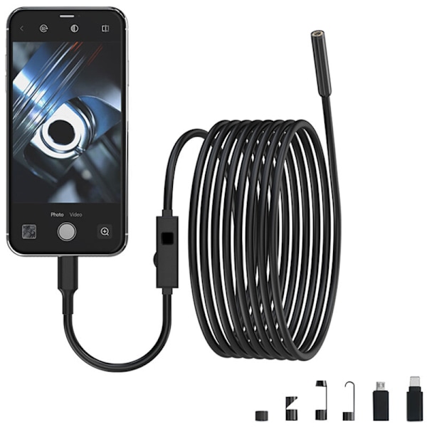 Endoskooppikamera valolla, IP67-vesitiivis endoskooppi 8 LED-valolla, 5 metrin puolijäykkä kaapeli, 2,0 megapikselin HD-käärmekamera iOS:lle ja Androidille