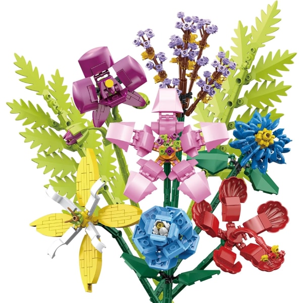Blombukettstenssats, byggleksak för DIY konstgjorda blommor för vuxna, heminredningstillbehör, kompatibel med LEGO (708 delar)