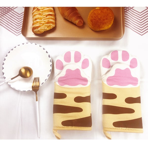 Kattpote Grytevotter (Beige) Grytevotter Kitten Pote Design Varmebestandige Grytevotter Tykke Bomullsforet Matlaging Stekepanne Votter Mikrobølgeovn Votter BBQ Ki