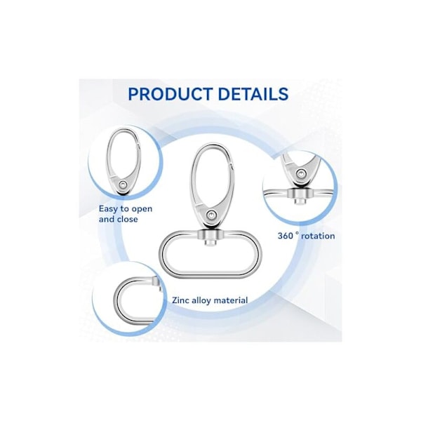 Sæt med 20 drejelige lukkekroge, drejelåse, metal, karabinhager, karabinhager, nøgleringe, hummerlåse, sølv, 32 mm