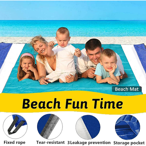 Strandmatte Piknikteppe for voksne 200 x 210cm, Strandteppe Sandfritt Vanntett, Strandteppe Ekstra Stor med Oppbevaringsport og 4 Faste Spiker f