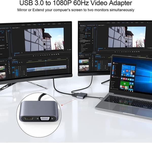 USB 3.0 til HDMI VGA-adapter, USB til HDMI VGA-adapter, understøtter HDMI VGA, 1080p synkroniseret output, kompatibel med Windows 7/8/8.1/10, videoadapter