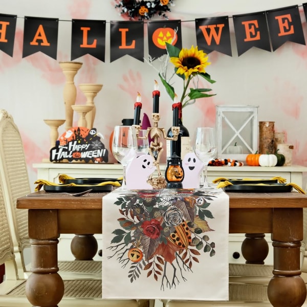 Halloween bordløber 13x72 tommer, græskar blomst edderkop web bat sæsonbestemt bondehus indendørs køkkenbord dekoration til familiefest