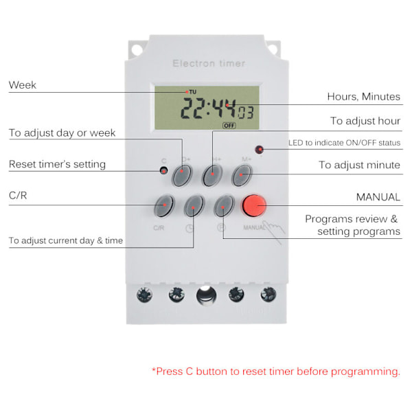 Programmerbar digital timer AC 220 V 25 A, Elektronisk timerkontroller på DIN-skena med LCD och klockskärm
