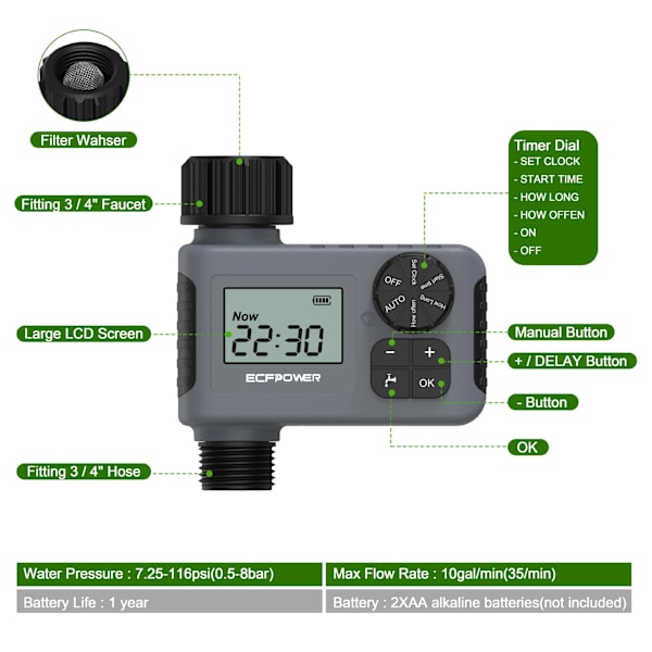 Sprinkler timer, vanding timer programmerbar havevandsslange funktion timer, plæne swimmingpool vandtæt digitalt vanding timer system