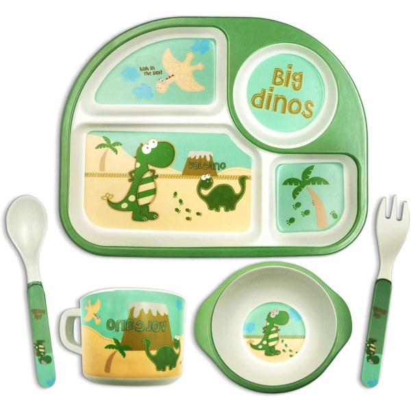 5 dele børne dinosaur spisestel, dinosaur spisestel til små børn, bambus dinosaur tallerken sæt, Tåler opvaskemaskine