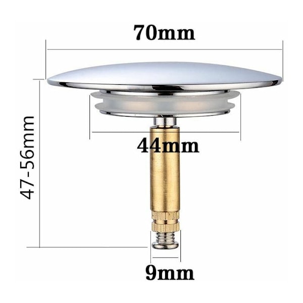 Badekarprop, Ø 70 mm, med dobbelt forsegling, justerbar i højden, universal badekarprop, vaskeventil, iblødsat messing med kromfinish, anti-rust bundprop