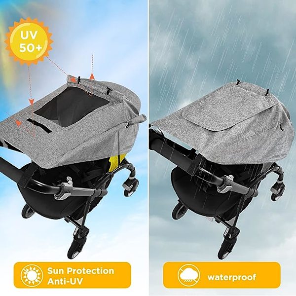 Universell Grå Solskydd för Barnvagn, Solskydd för Barnvagnslift, UV 50+ Justerbart Solfång med Förvaringsväska