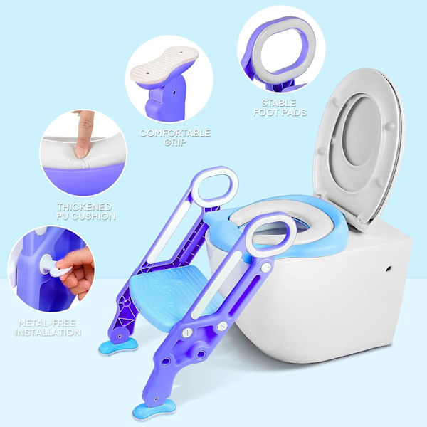 Justerbar og sammenklappelig børnetoiletsæde, babytoiletreducer med trin, børnetoilettræner med stige, kvalitetsmaterialer, til højde 38-42 cm