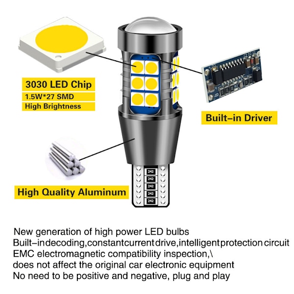 T15 W16W 12V-24V (2 stk.) LED-bilpære 921 912, 800Lm Hvid 6500K, Til bil LED-baklys, Parkering, Baklygte.