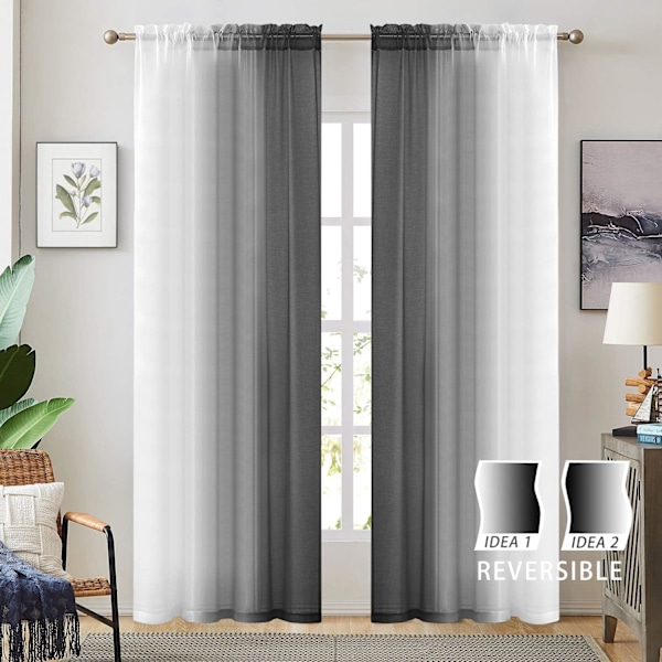 Ombre Skjørgardiner 137 cm x 213 cm - Imitert Lin Dobbeltsidig (Sett med 2) - Lysfiltrerende, Personvern - Svart Ombre for Soverom/Stue
