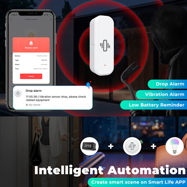 ZigBee Intelligent Vibrations- og Faldsensor Bevægelse i realtid Vibrationsalarmsensor Tuya App Fjernbetjening, lavt batteri, offline genkaldelsesfunktion
