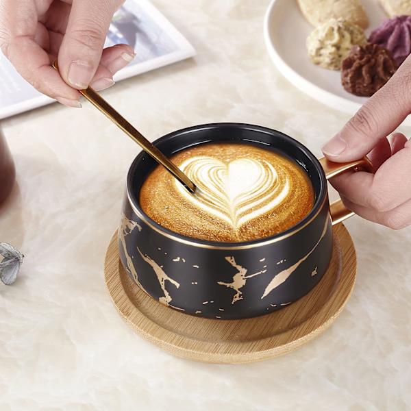 Qinghai Marmor Keramisk Kaffekop Sæt, Tekop med Ske, Mors Dag Graduering Dag Gave Julegave, (Sort Tekop med Acacia Træ Underkop