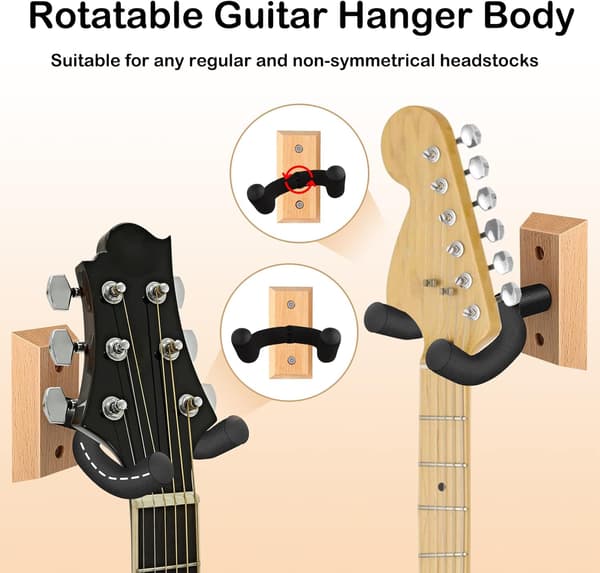 Väggmonterad gitarrhängare 4-pack, gitarrväggfäste med roterande mjuk krok för gitarrer i alla storlekar, väggmonterad gitarrhängare i U-form av massivt trä